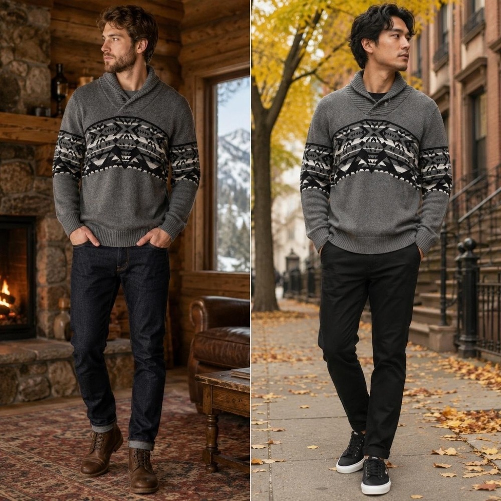 American Rag Cie Men's Sweater M Winter Chalet Charcoal Aztec Shawl Collar Cabin